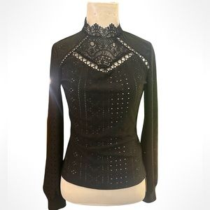 NWT: Black Eyelet & Lace Long Sleeve High Collar Top, Size Small, SHEIN